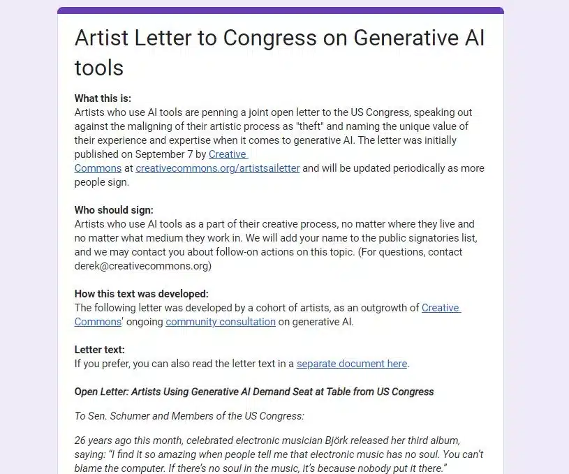 artists' letter to congress over generative AI tools